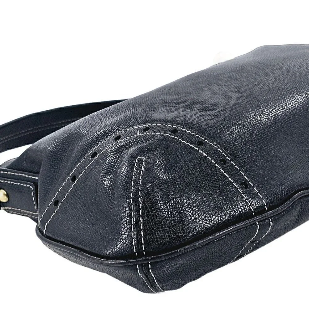 TALBOTS Black Glazed Textured Leather Hobo Shoulder Bag Silver Hardware Tassel